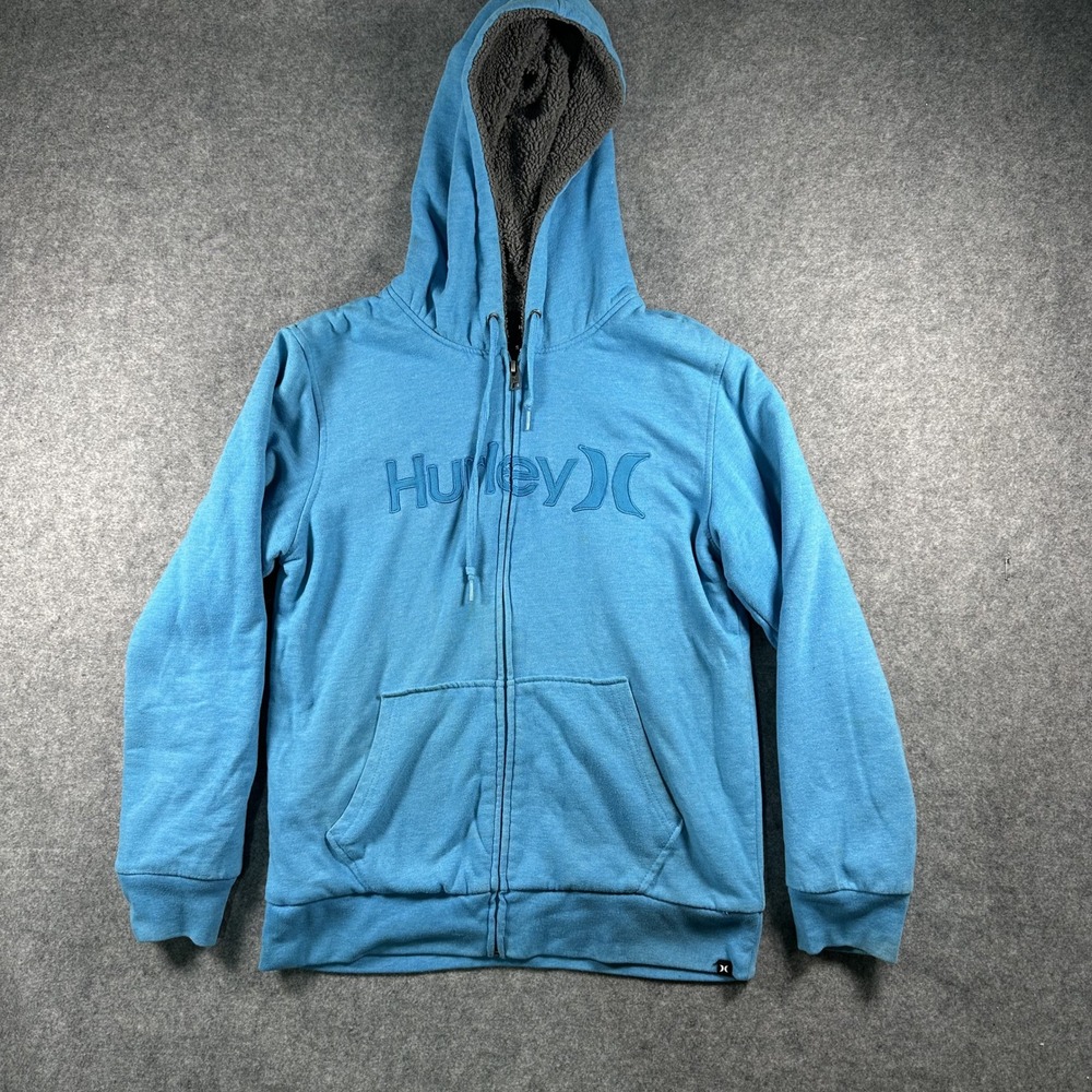 Hurley Sherpa Lined Full Zip Hoodie Small Blue Embroidered Logo Fleece